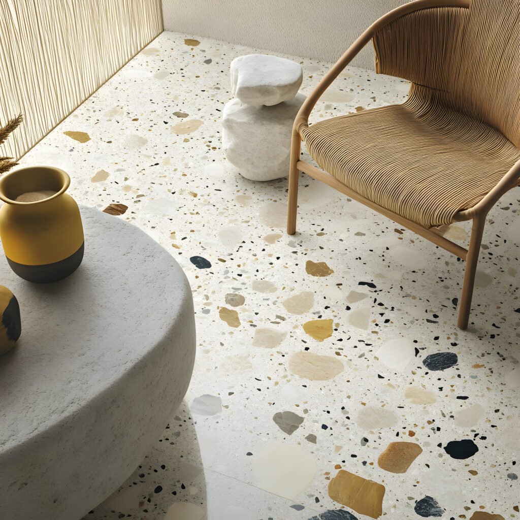 modern interior scene showcasing a terrazzo floor design, complemented by minimalist furniture and warm, neutral tones creating a cozy and stylish atmosphere