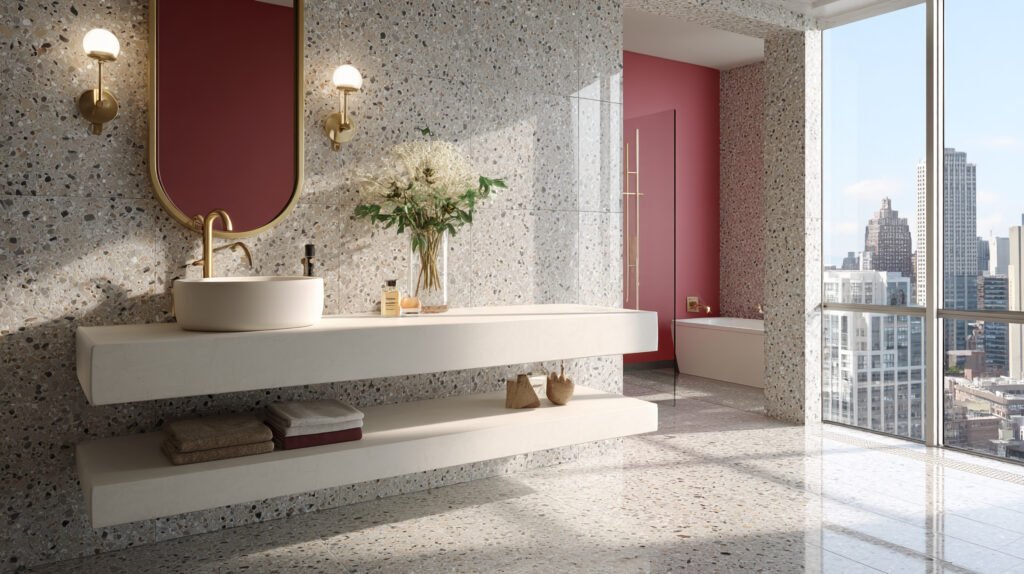 modern bathroom interior showcase with terrazzo floor and walls, white vanity with shelves, gold faucet, and large window with city view. clean lines and minimalist design