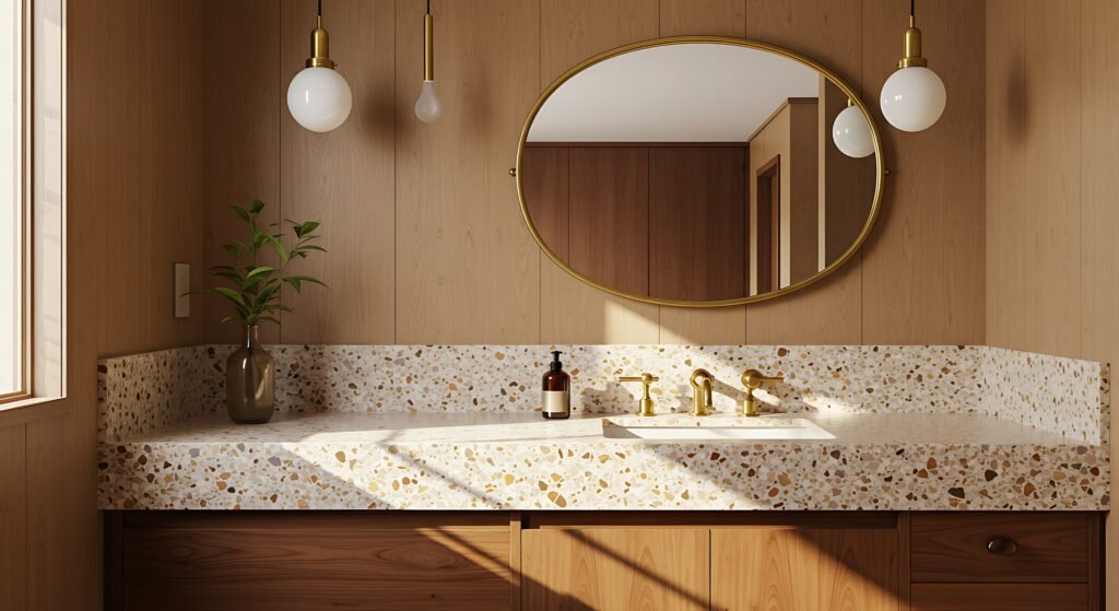 mid century inspired bathroom interior with terrazzo counter