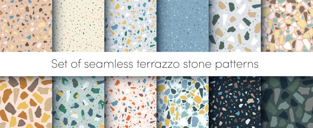 vector terrazzo flooring seamless patterns set. abstract natural color italian textured stone surface, terrazzo concrete. classic granite natural terrazzo floor. interior design background collection